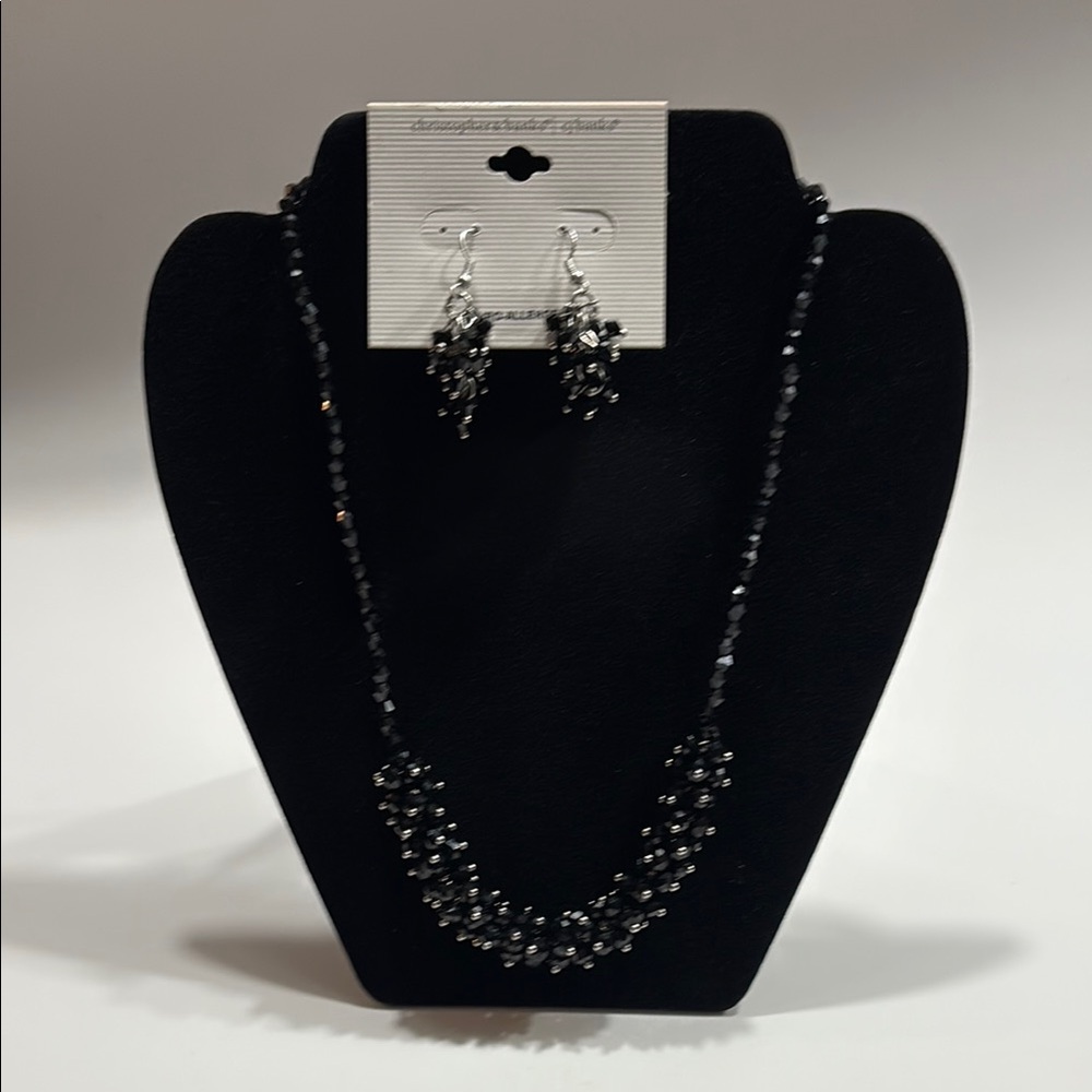 NEW Christopher & Banks Black Cluster Bead Necklace with Matching Earrings